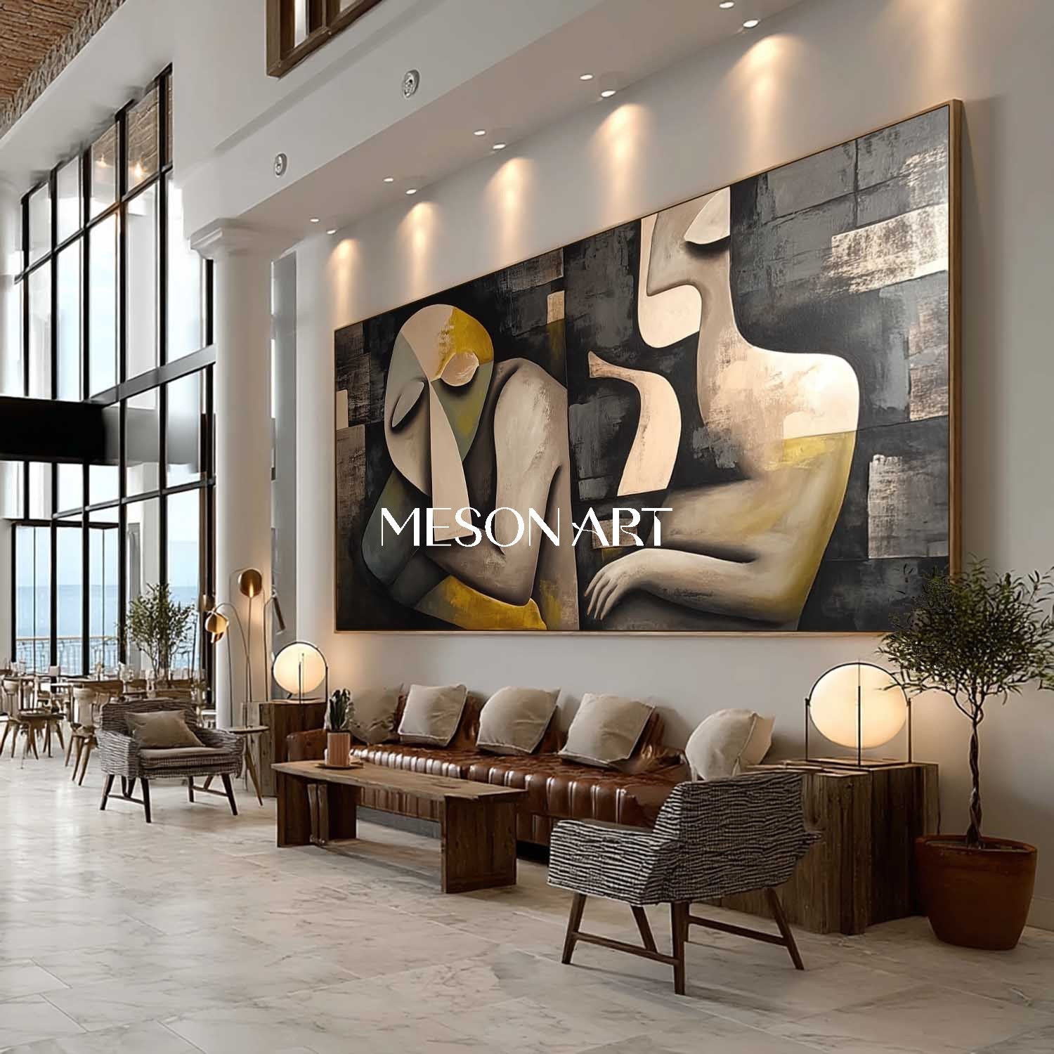 Large Picasso Style Abstract Cubism Wall Art Black Textured Painting