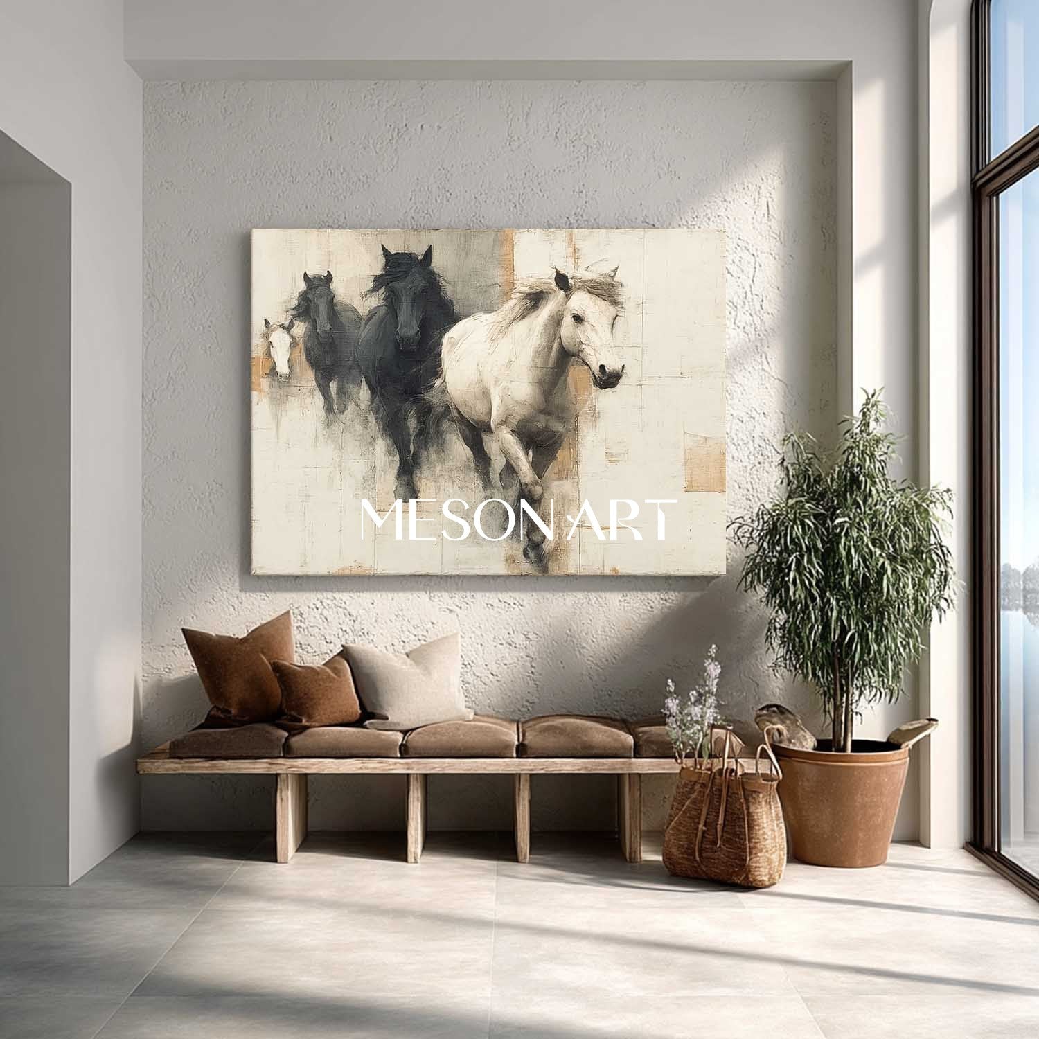 Large Beige And Black Horse Painting For Sale Beige And Black Canvas Wall Art Decoration
