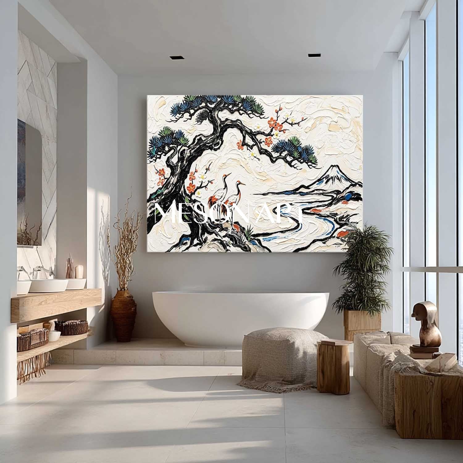 MesonArt 3D Textured Oil Painting | Pine Tree & Cranes Japanese Wall Art