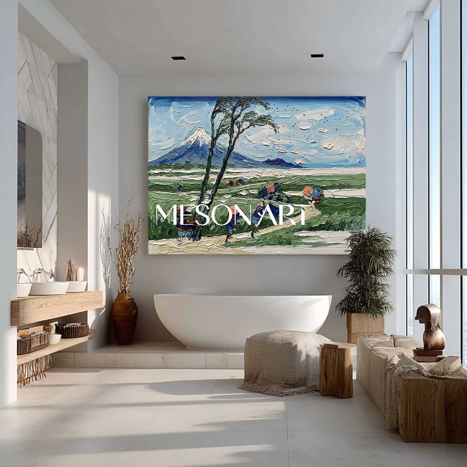 Textured Hokusai Mount Fuji Art - 3D Impasto Windy Landscape Oil Painting