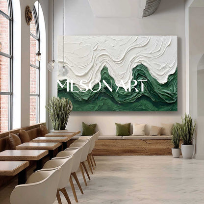 Long Horizontal Abstract Wave Art | Framed Textured Emerald Green Canvas