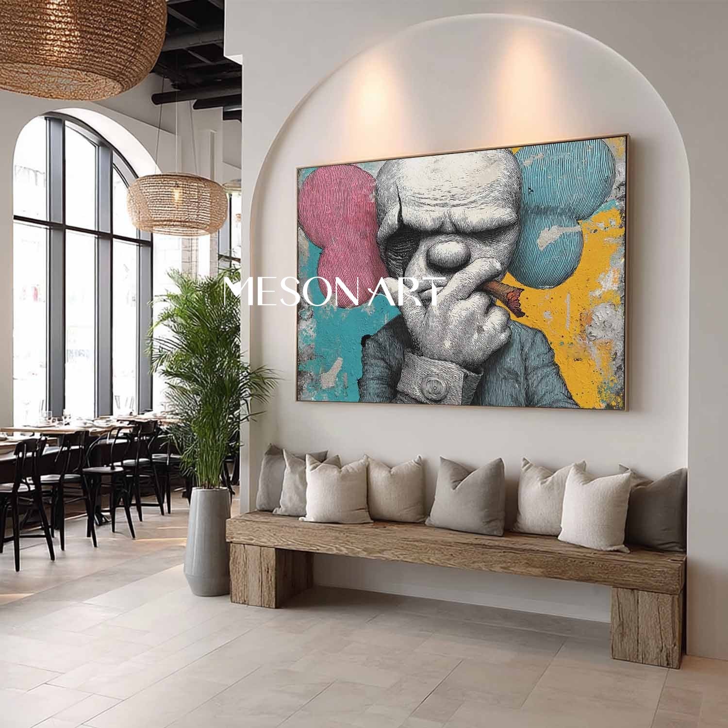 Large Man smoking a cigar abstract texture painting. Cigar shop abstract canvas wall art decoration