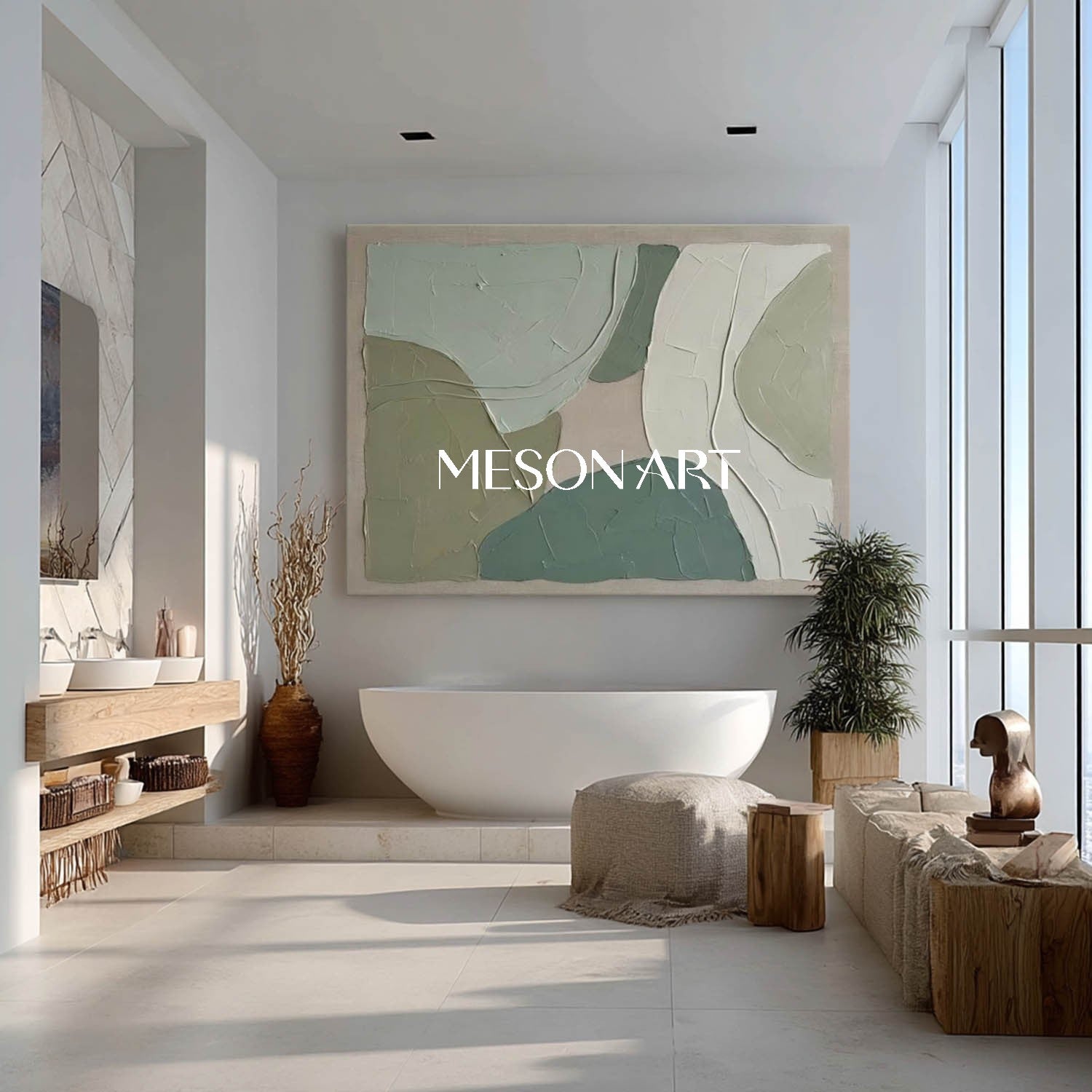 Large Wabi-Sabi Abstract Oil Painting | Minimalist Green Impasto Decor