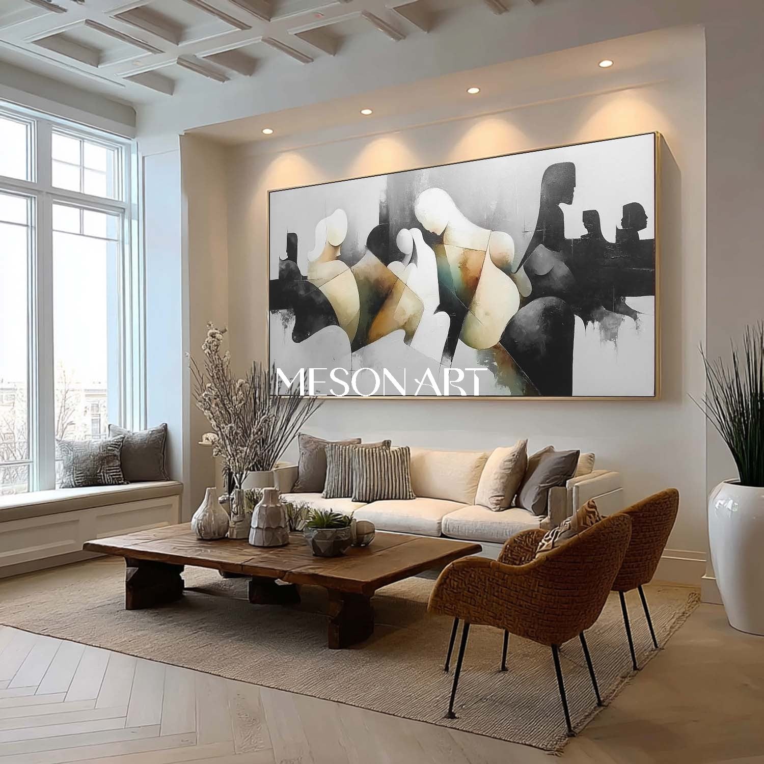 Oversized Framed Abstract Art Canvas Black White Painting Living Room