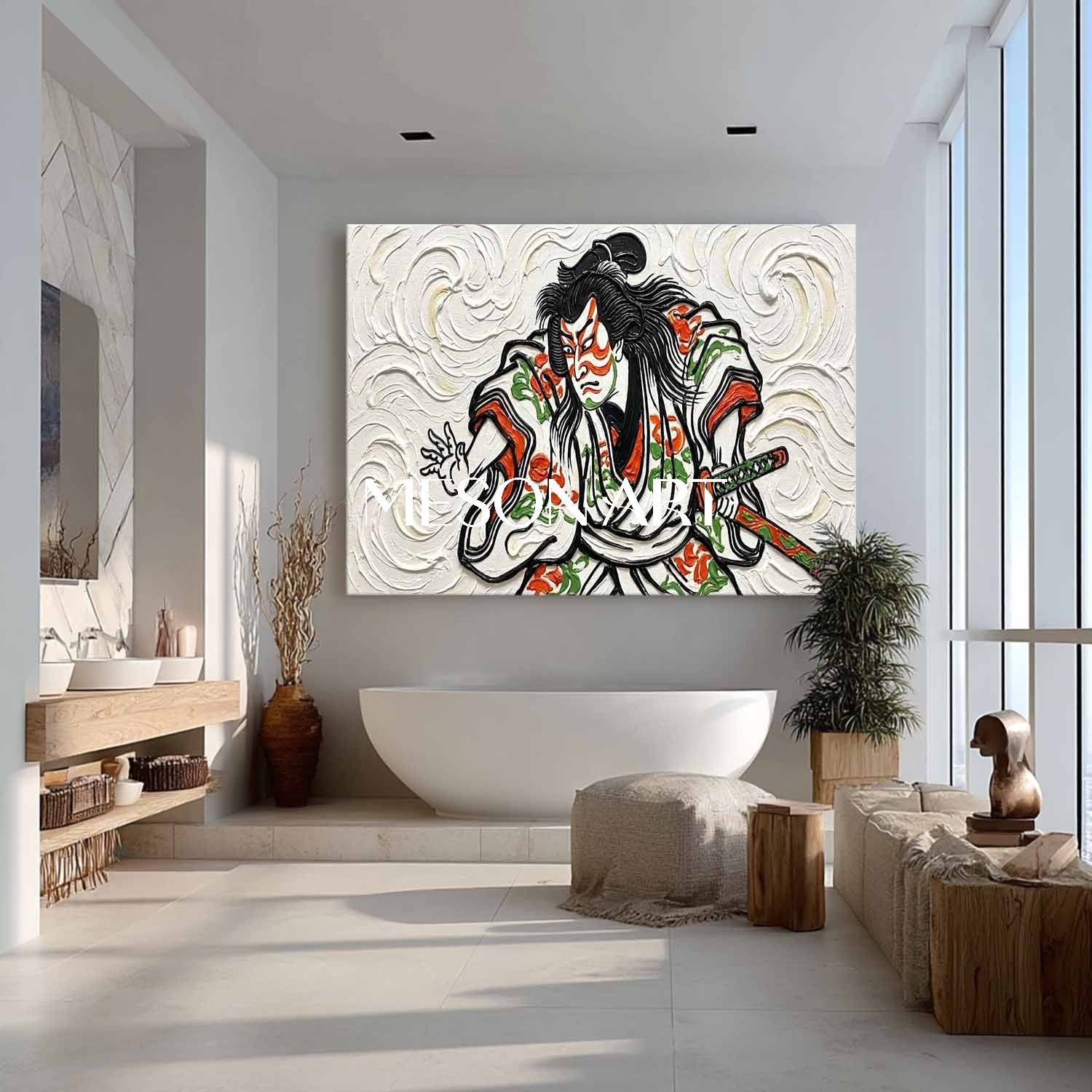 【Japanese Plaster Art Panel】 漆喰 アート 和モダン Handmade 3D Textured Kabuki Warrior Oil Painting On Canvas, Heavy
