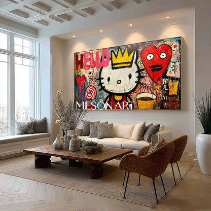 Red Pop Art Graffiti Cat Oil Painting Handmade Wall Art Decor Bedroom