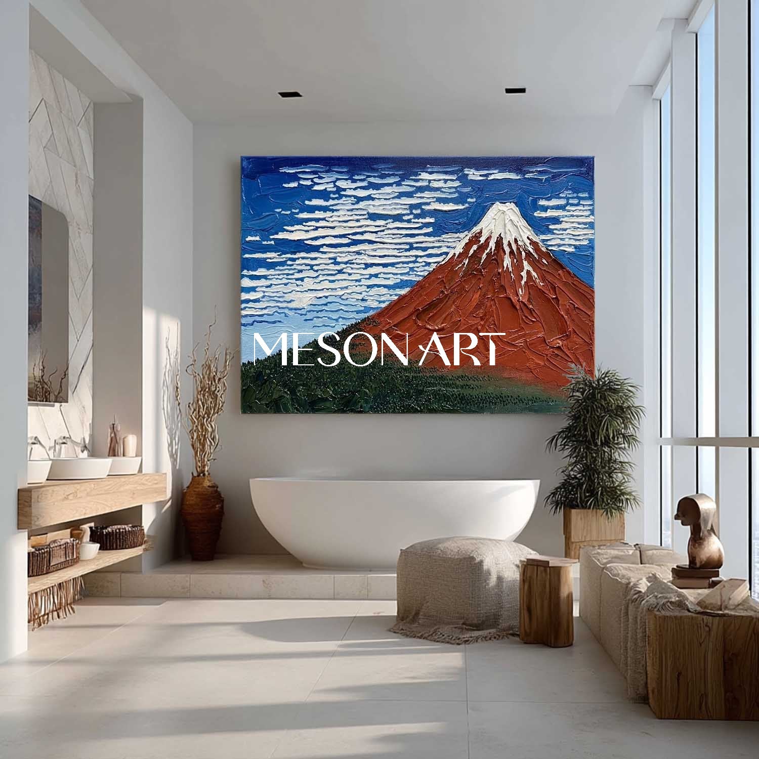 MesonArt 3D Textured Red Mountain Oil Painting - Impasto Landscape Wall Art