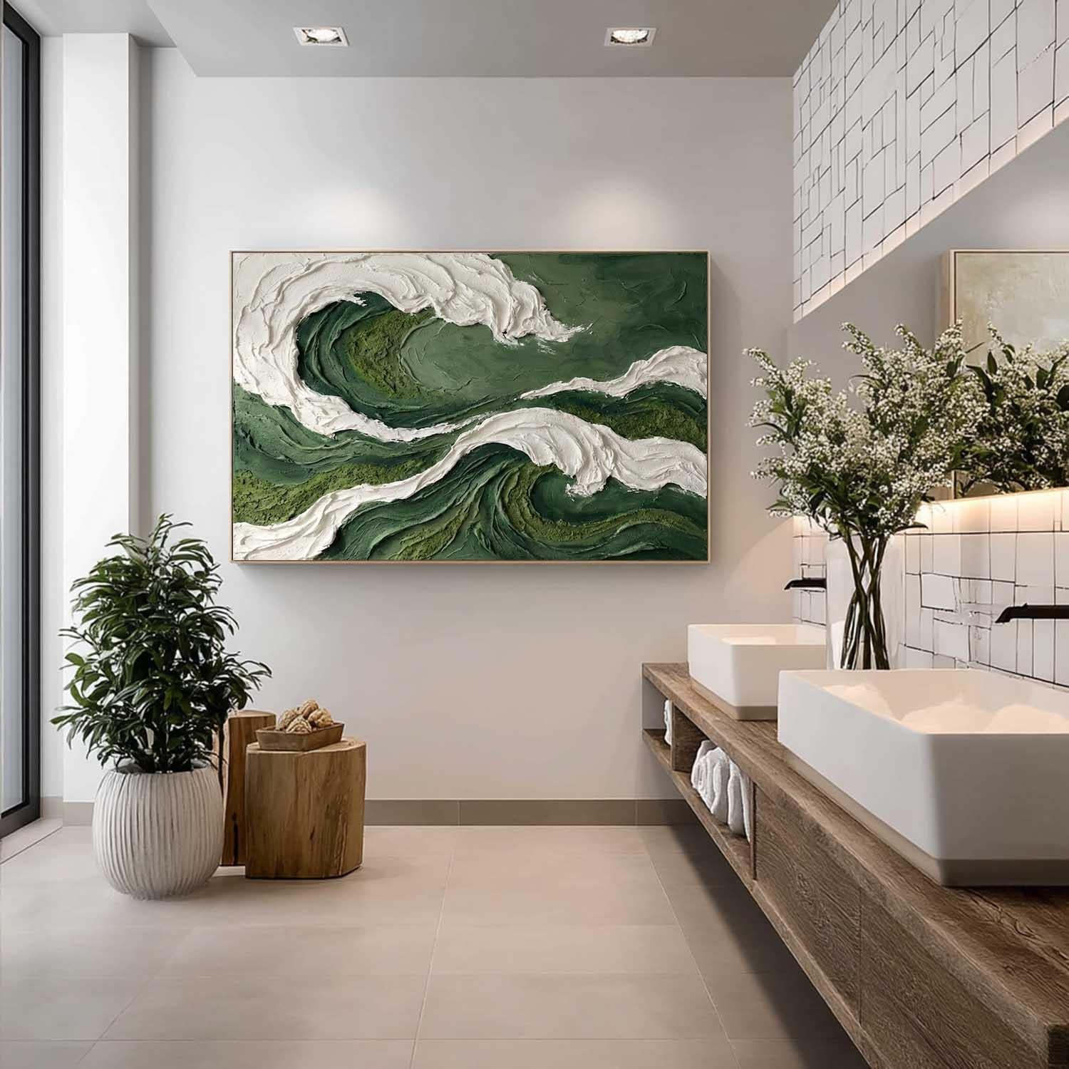 Dark Green Wave Living Room Decorative Painting Green Wave Wall Art Canvas