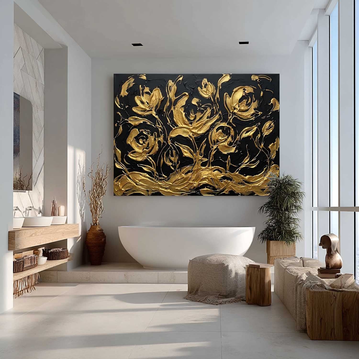 Horizontal Black And Gold Abstract Sketch Art | 3D Floral Line Decor