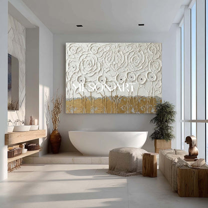 3D Gold and White Floral Textured Painting on Plaster Canvas Art