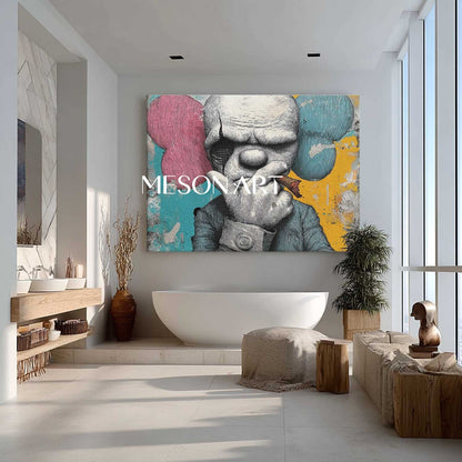 Large Man smoking a cigar abstract texture painting. Cigar shop abstract canvas wall art decoration