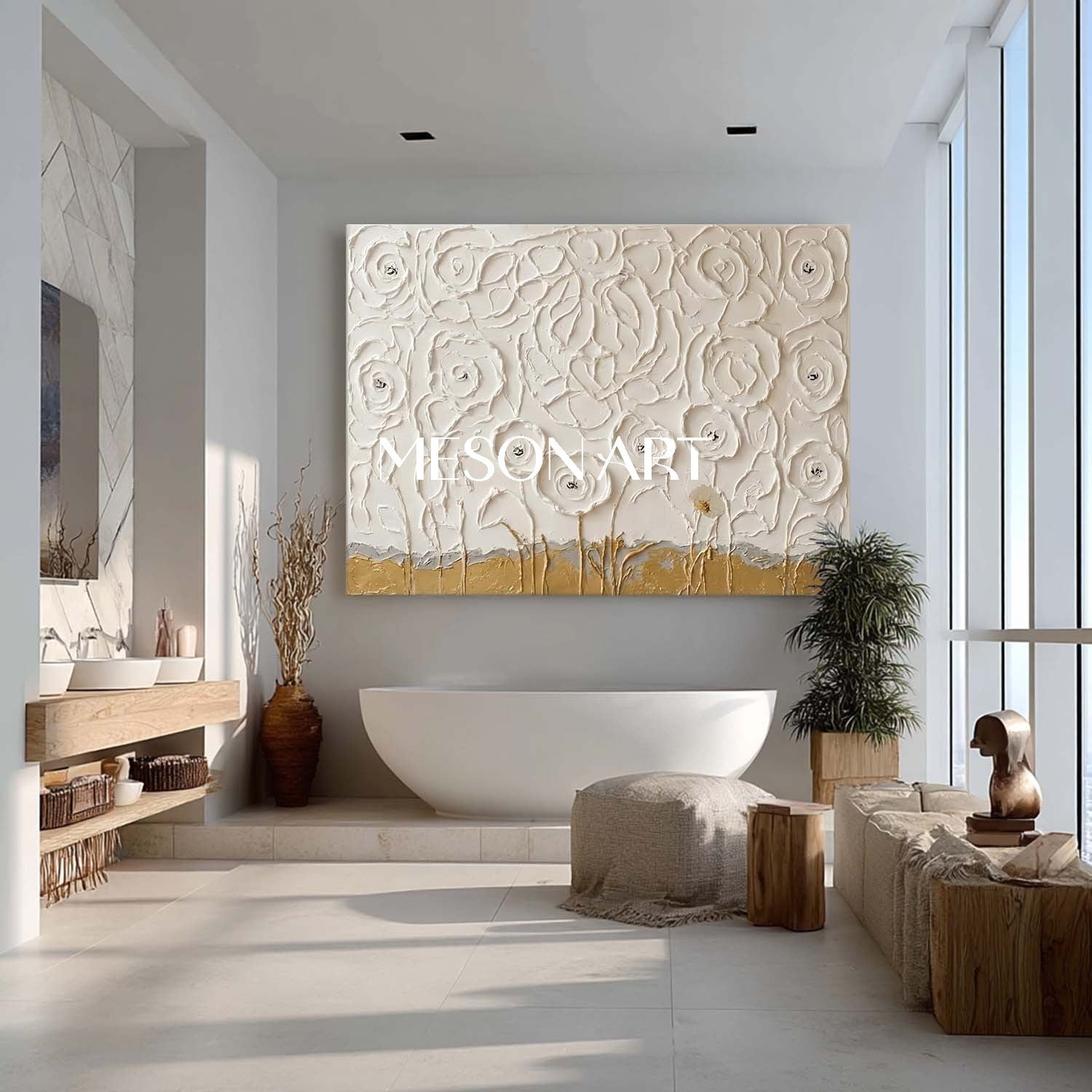 Horizontal Abstract Floral Painting Plaster Canvas Art For Living Room