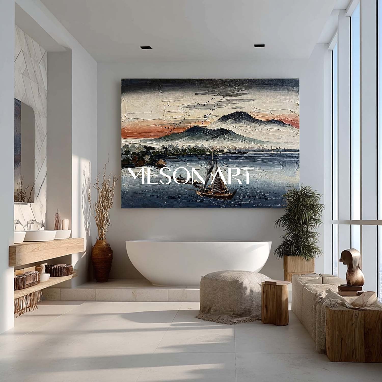 Textured Asian Seascape - 3D Impasto Sunset Boat Oil Painting