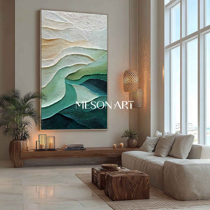 White and Green Abstract Texture Painting Modern Green Abstract Wall Art for Living Room Décor