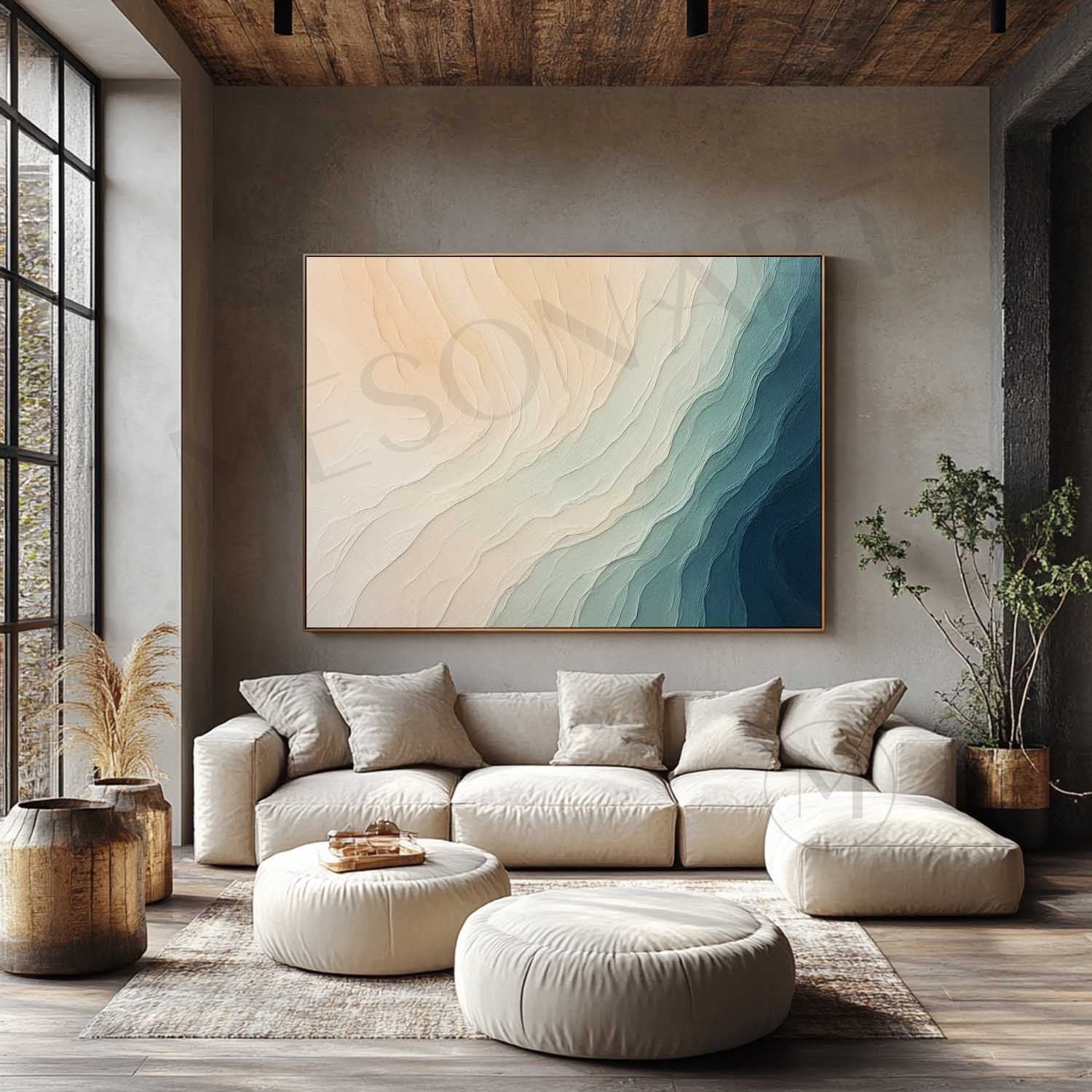 Large Beige And Blue Abstract Sea Canvas Painting Beige And Blue Abstract Sea Texture Wall Art