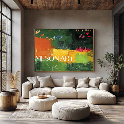 Large Green and yellow abstract canvas art for sale Green and yellow minimalist wall painting