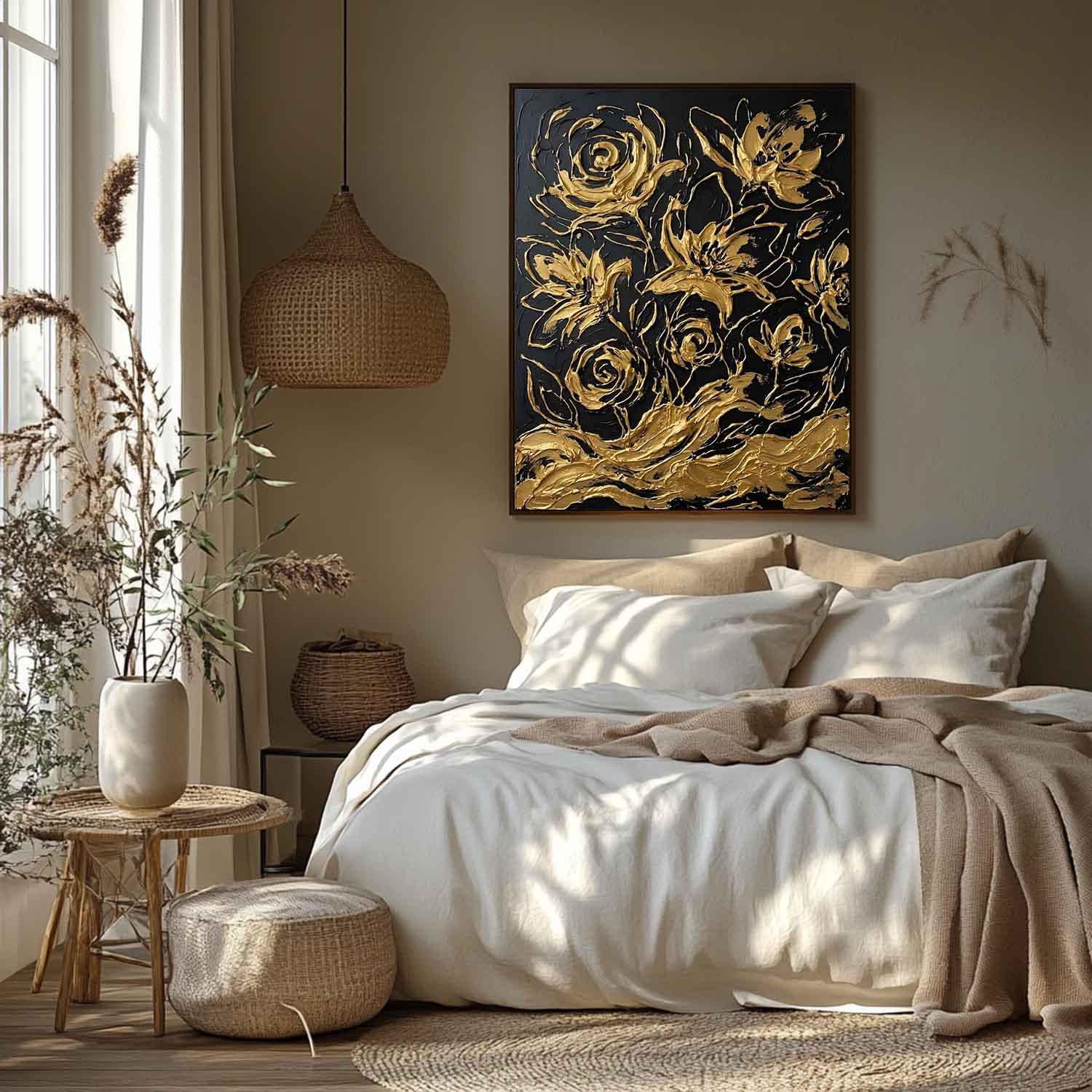 Vertical Black And Gold Abstract Floral Art | 3D Abstract Floral Decor