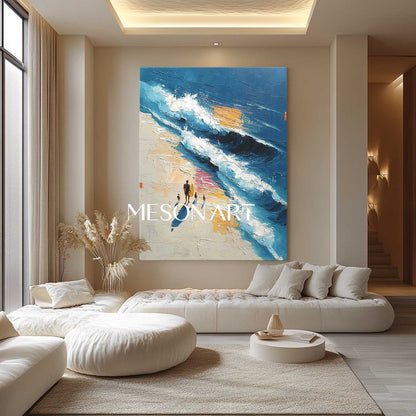 Large 3D Family Beach Surf Wall Art Family Beach Walking Lovers Abstract Texture Canvas Painting