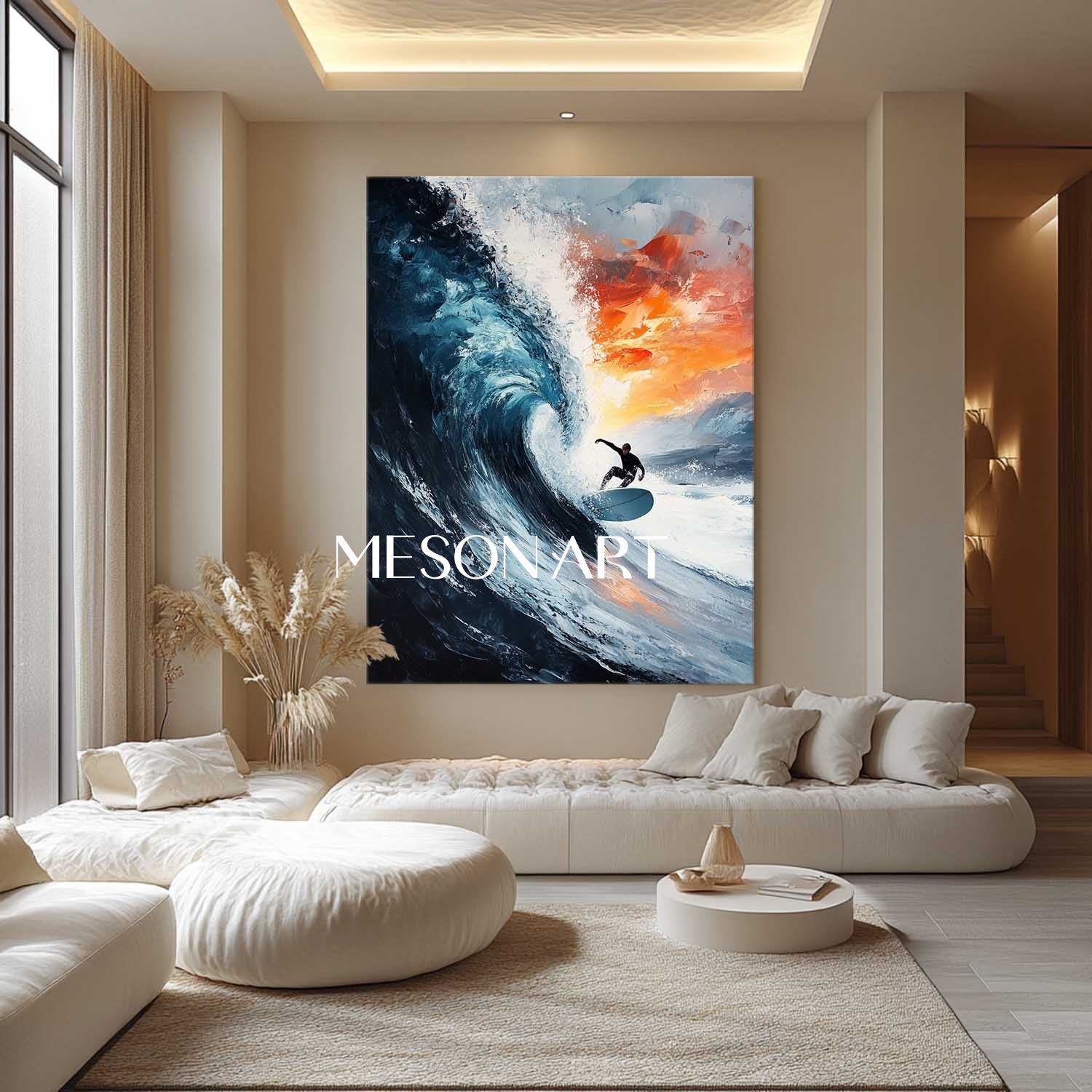 Large 3D Surfer Canvas Wall Art Decor Surfer Texture Painting Seaside Surf Wall Art