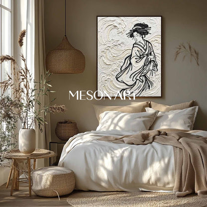 MESON ART Square 3D Textured Canvas Painting, Japanese Style Woman With Flowing Hair And Waves