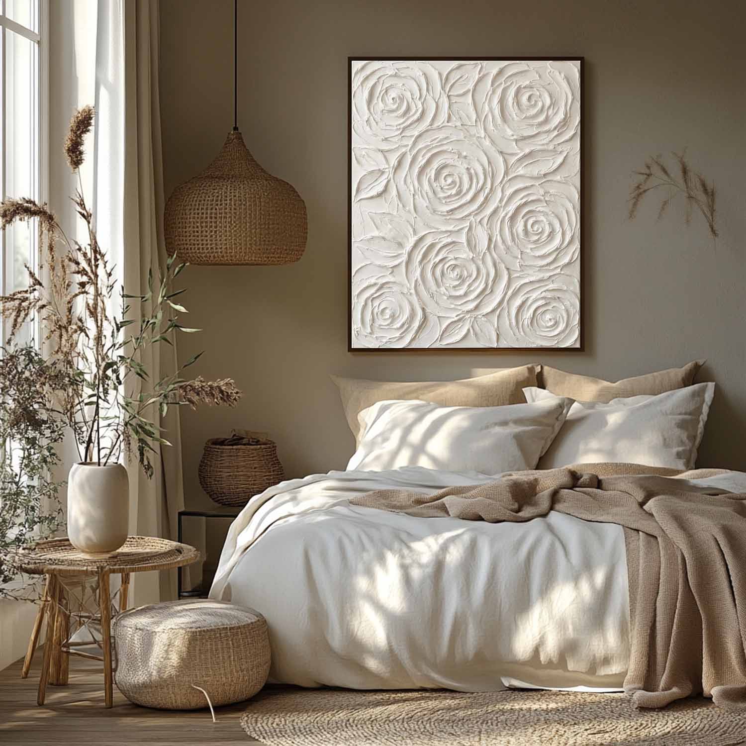 Vertical Gold Framed 3D White Rose Paintings Abstract Textured Wall Decor