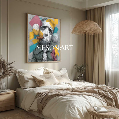 Large Man smoking cigar abstract portrait painting Cigar shop abstract canvas wall art decoration