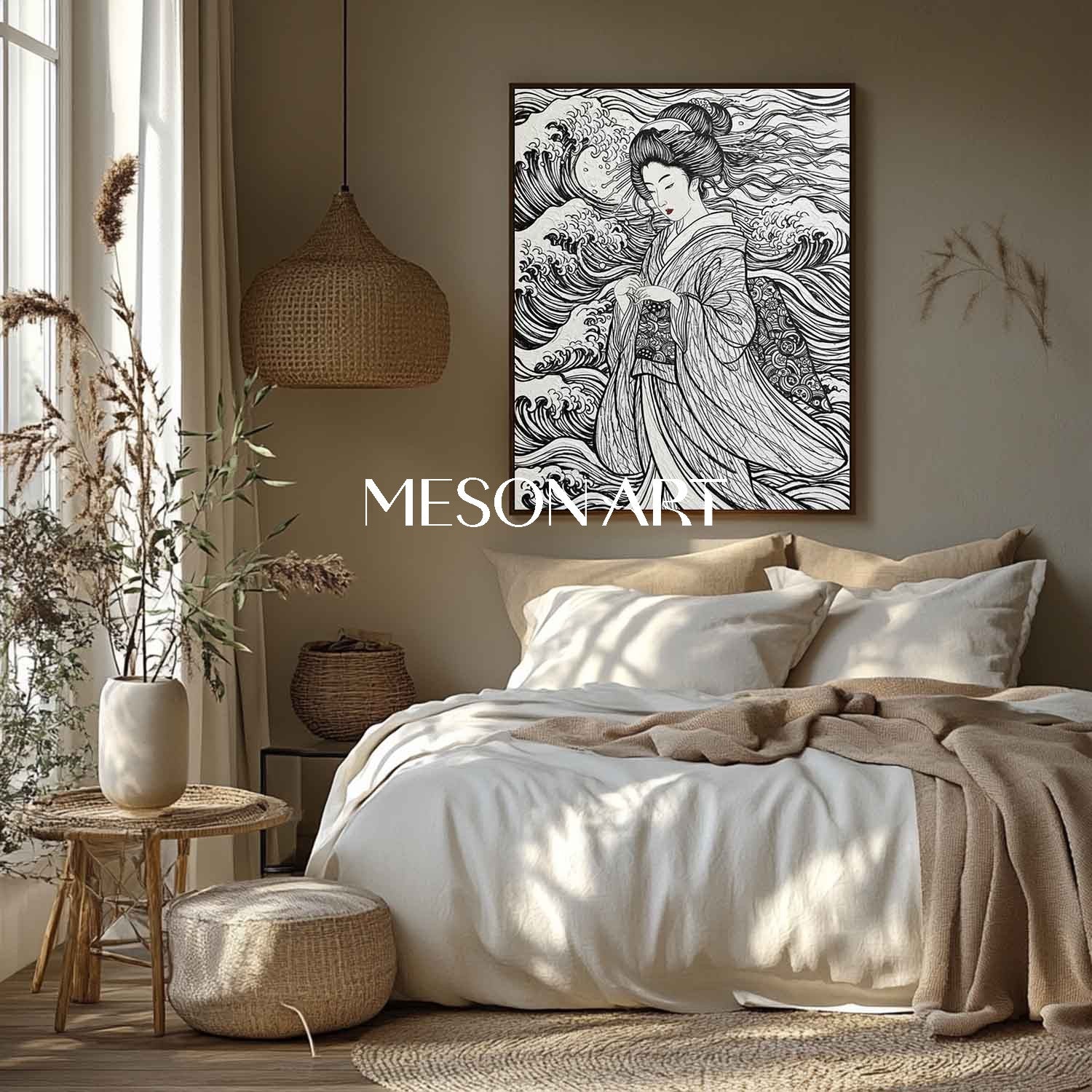 Textured Geisha & Wave Canvas Art | Gold Framed 3D Plaster Painting