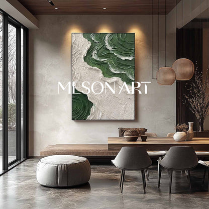 Emerald Green and White Art Diagonal Fluid Abstract Painting Forest Green Abstract River Painting