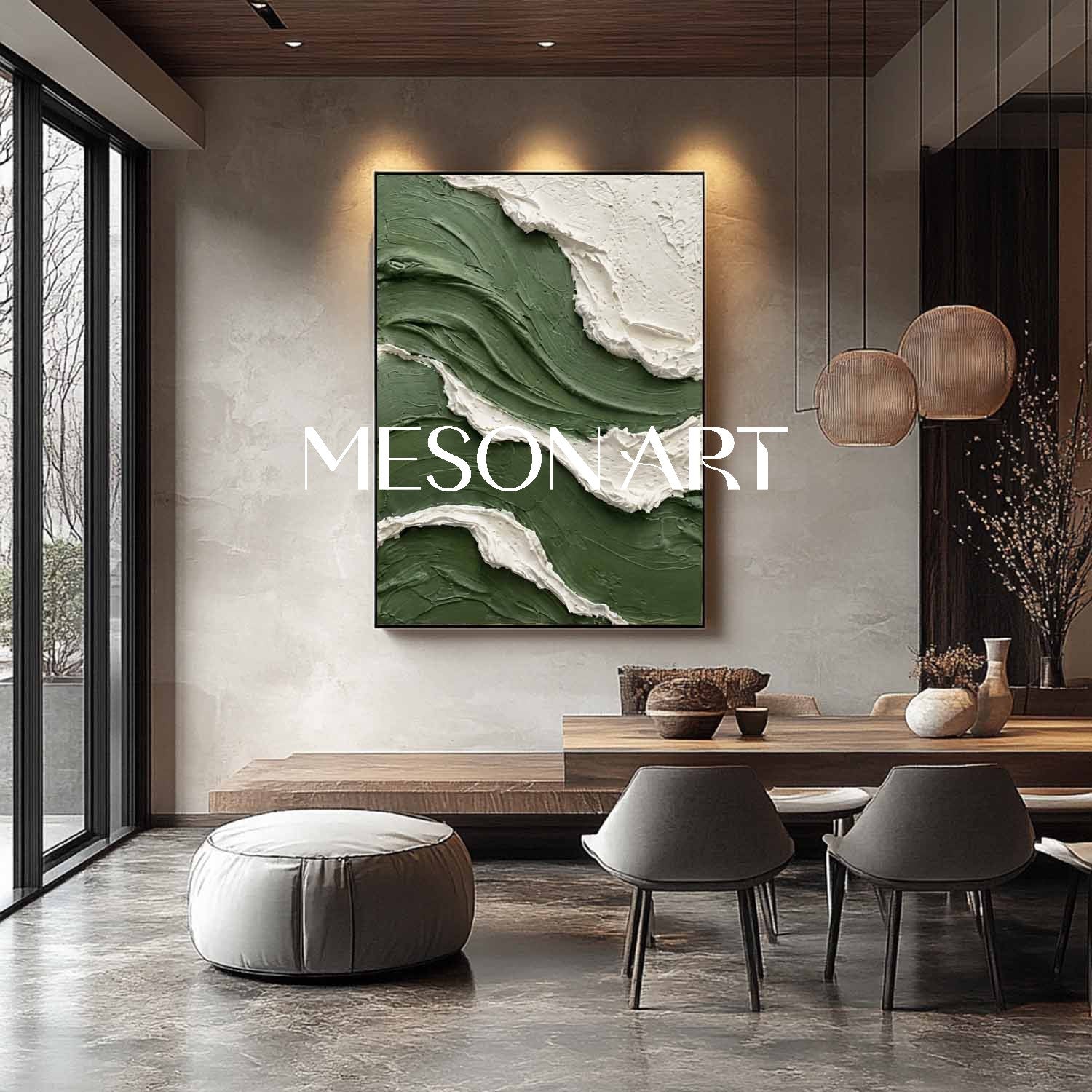 Green Wall Art Abstract Wave Canvas Dark Green & White 3D Textured Art | Heavy Impasto Fluid Wave Canvas