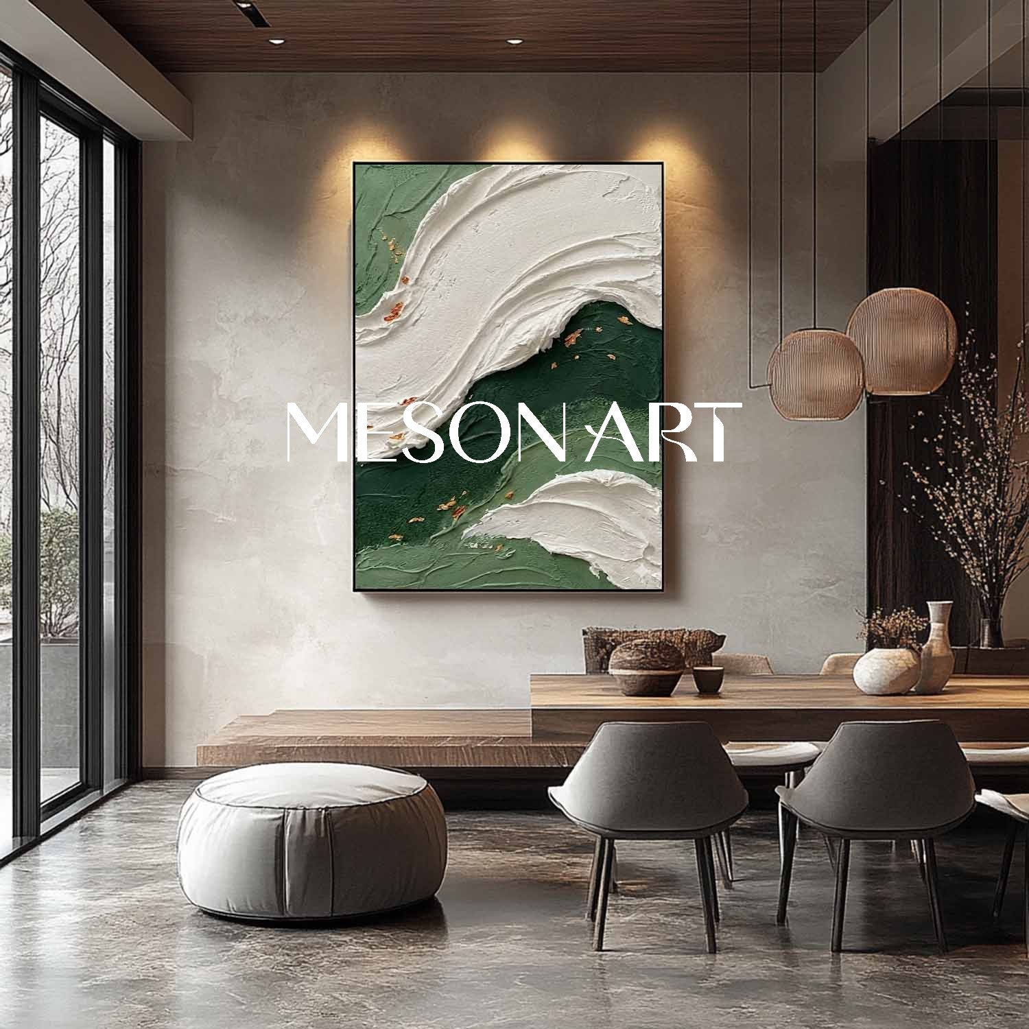 Emerald Green Abstract Wave Painting | Textured Coastal Wall Art with Gold