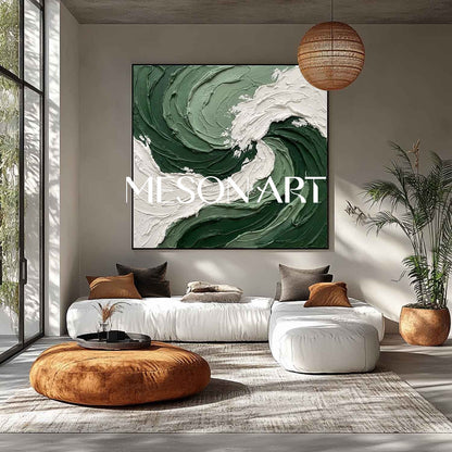 Oversized Crashing Wave Painting | Textured Forest Green Abstract Art