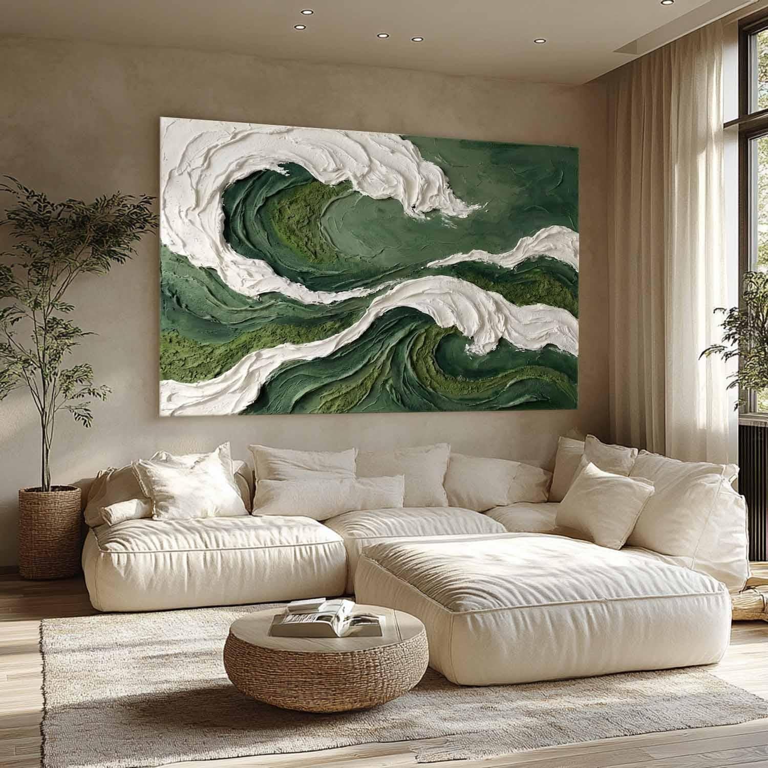 Dark Green Wave Living Room Decorative Painting Green Wave Wall Art Canvas