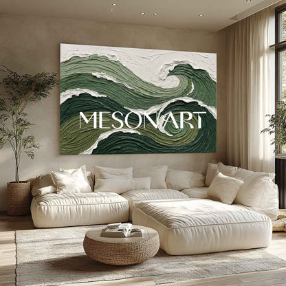 Dark Green Wave Art Horizontal Forest Green Abstract Wave Swirling Ocean Abstract Painting