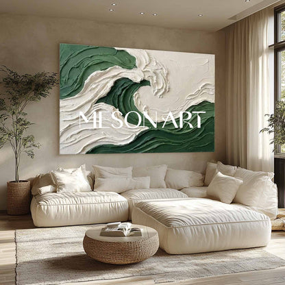 Dark Green Crashing Wave Canvas Large Ocean Abstract Art Moody Coastal Decor