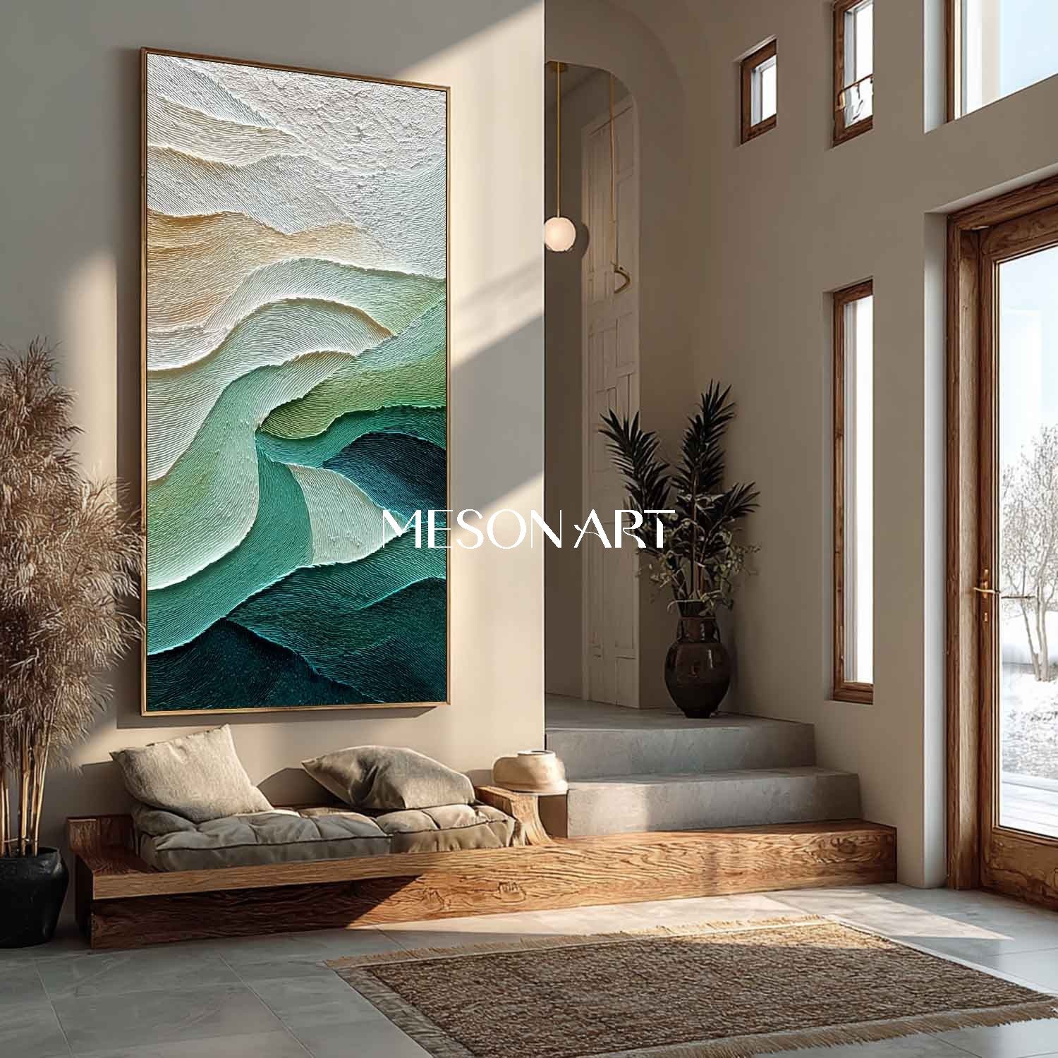 White and Green Abstract Texture Painting Modern Green Abstract Wall Art for Living Room Décor