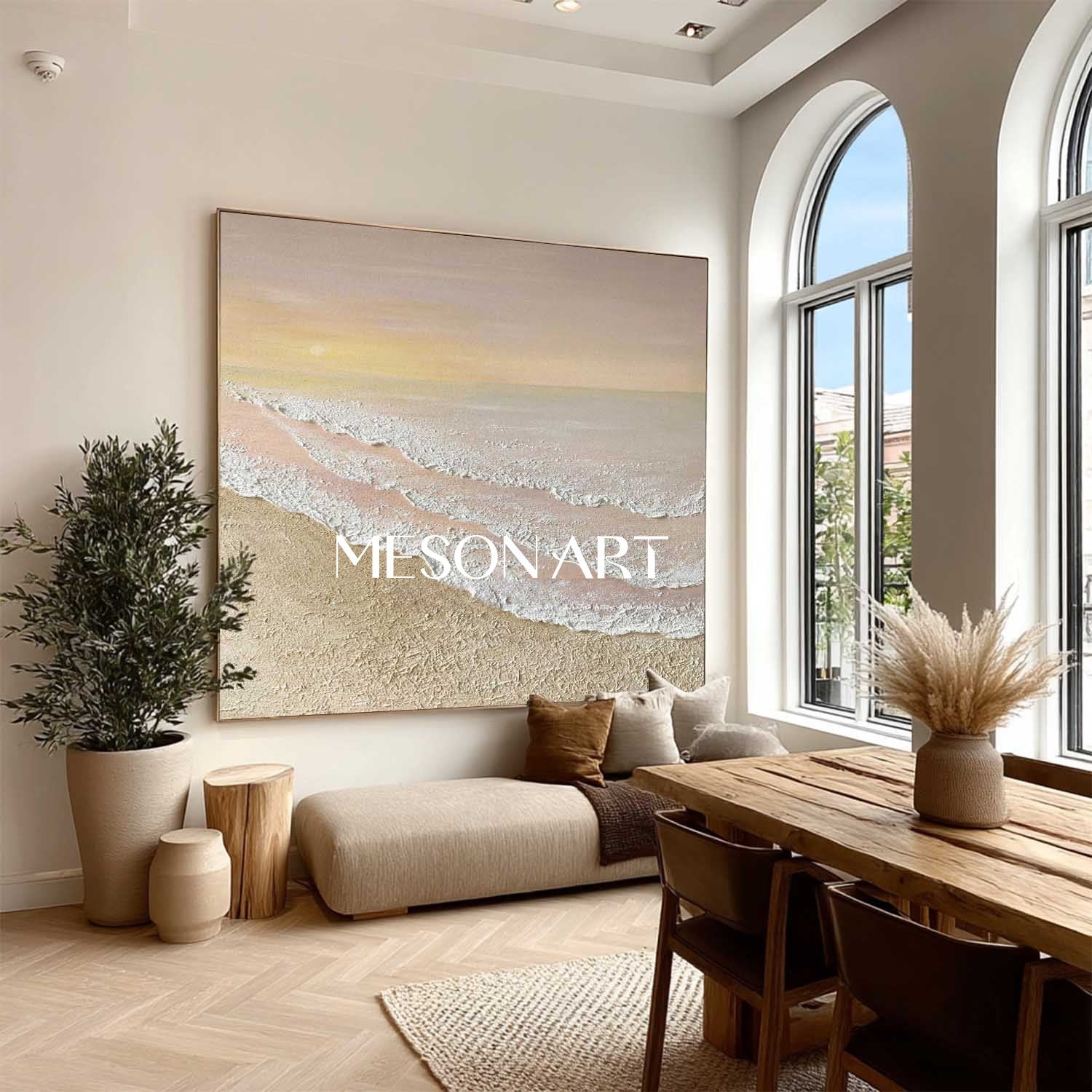 Large 3D Beige Sunrise Beach Ocean Waves Painting Sunrise Beach Canvas Wall Art Decor For Sale