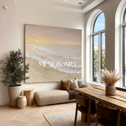 Large 3D Beige Sunrise Beach Ocean Waves Painting Sunrise Beach Canvas Wall Art Decor For Sale