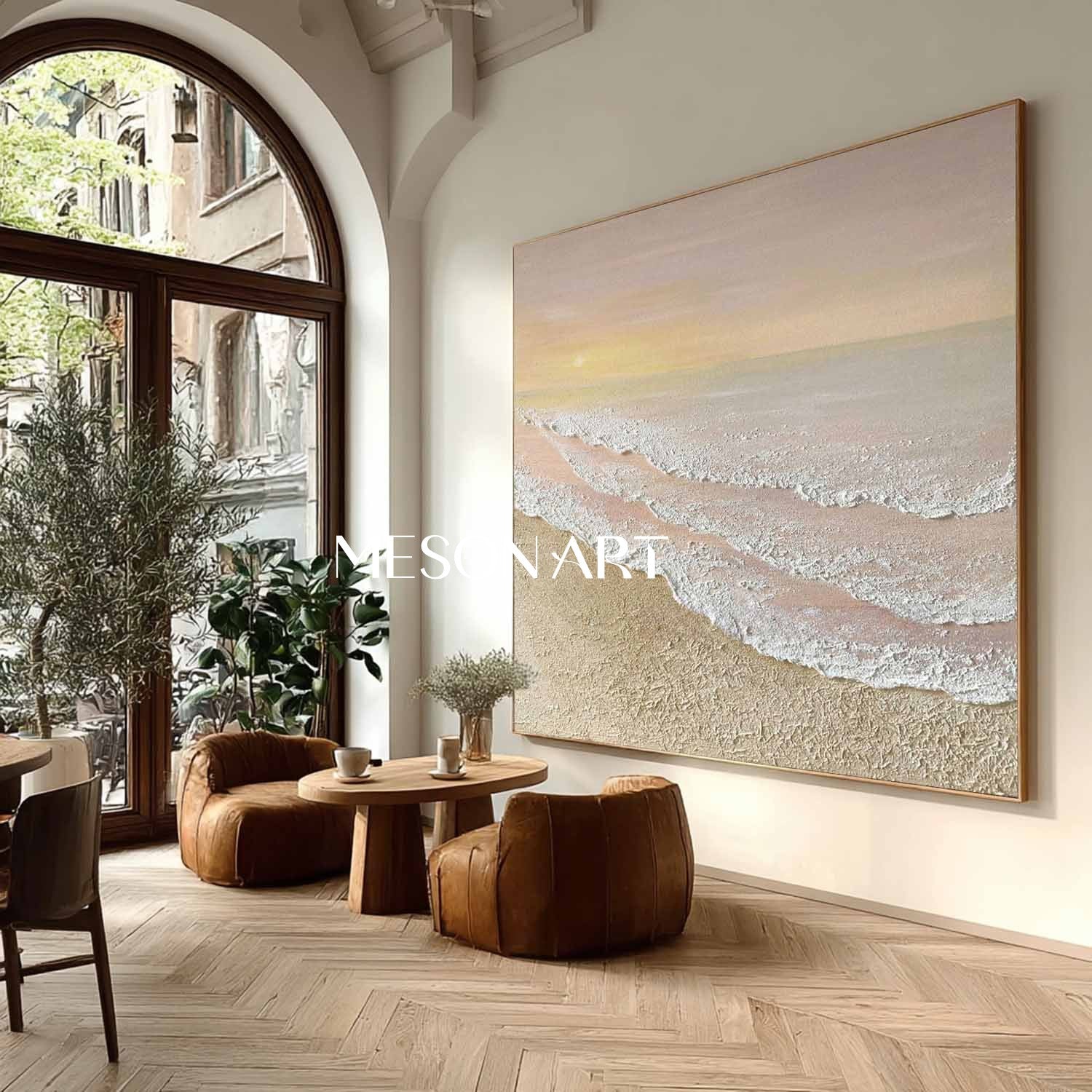 Large 3D Beige Sunrise Beach Ocean Waves Painting Sunrise Beach Canvas Wall Art Decor For Sale