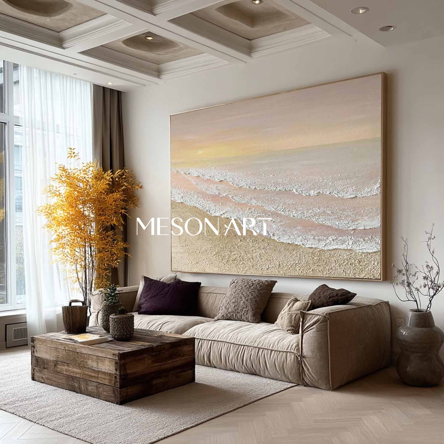 Large 3D Beige Sunrise Beach Ocean Waves Painting Sunrise Beach Canvas Wall Art Decor For Sale