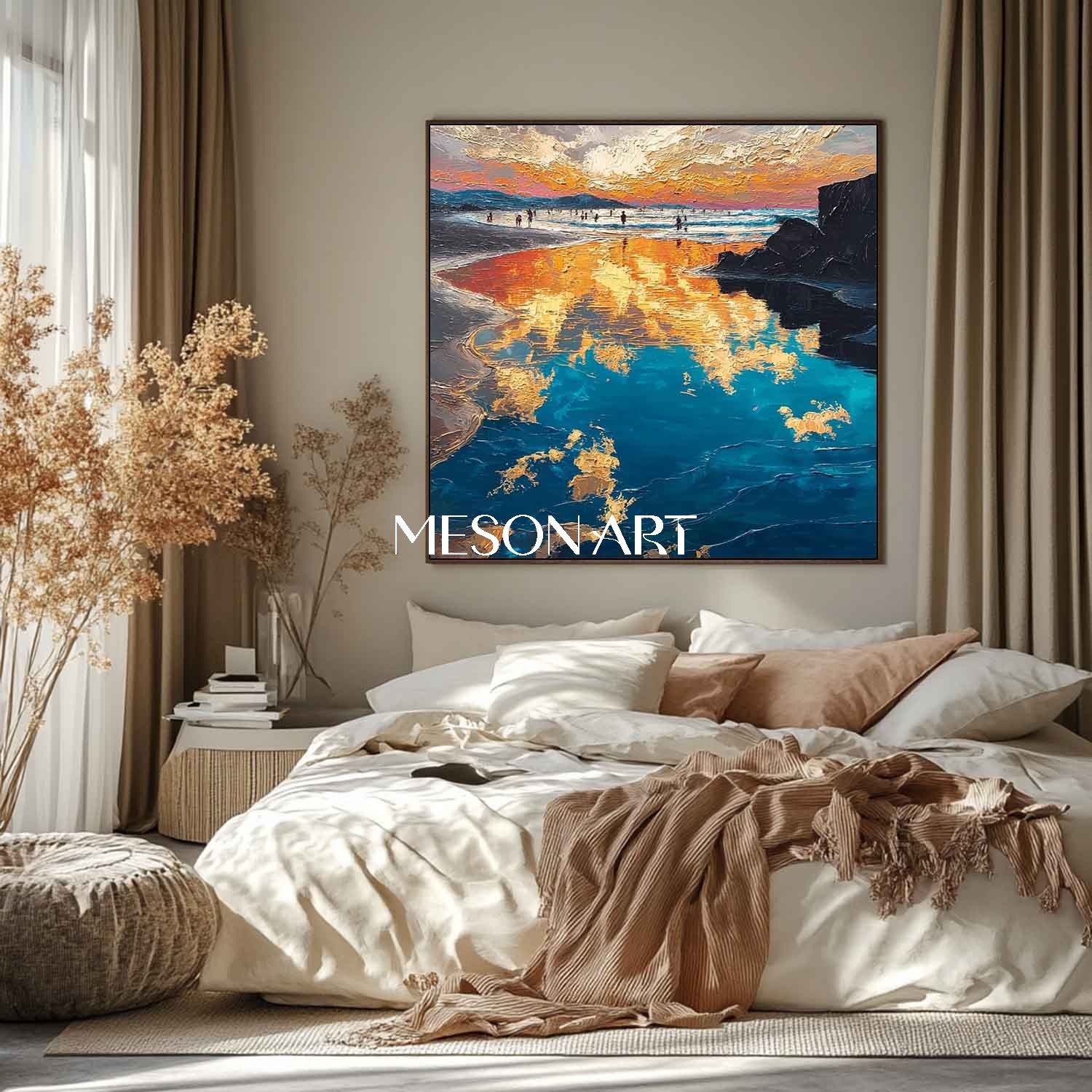Seaside Holiday Painting Yellow and Gold Coastal Landscape Art Beach Art for Living Room