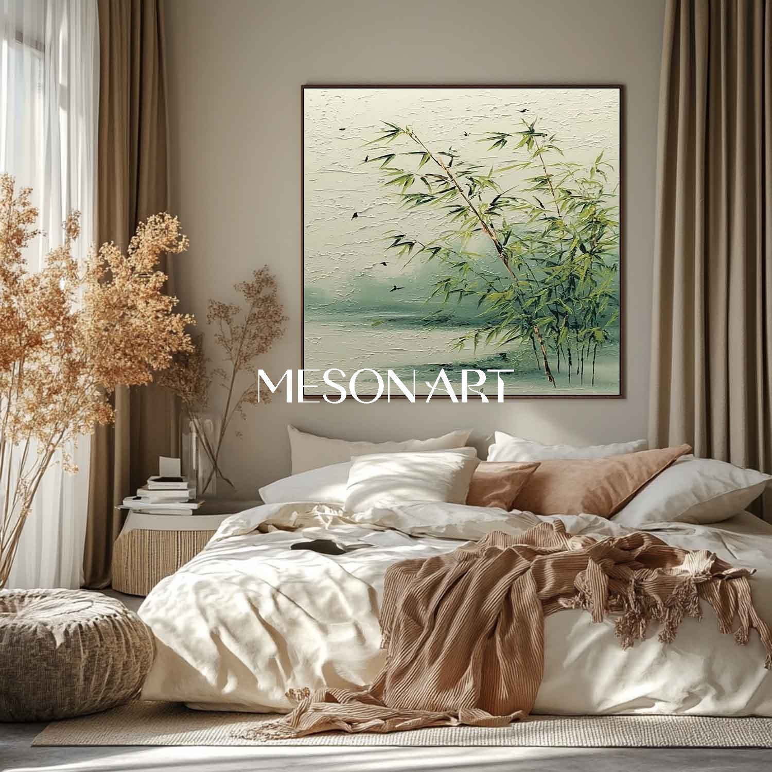 Neutral Bamboo Wall Art – Minimal Zen Landscape on Canvas | Mesonart