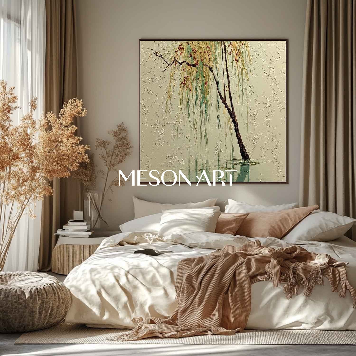 Large Scenic Willow Tree Canvas for Living Room Wall | Mesonart Serenity Series