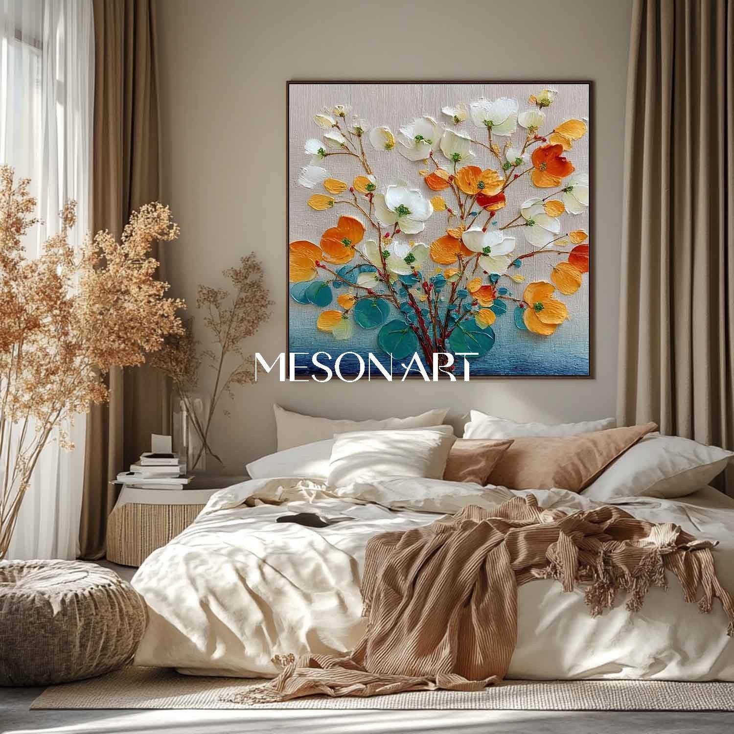 Contemporary Botanical Wall Art – Hand-Painted Flower Canvas |Mesonart