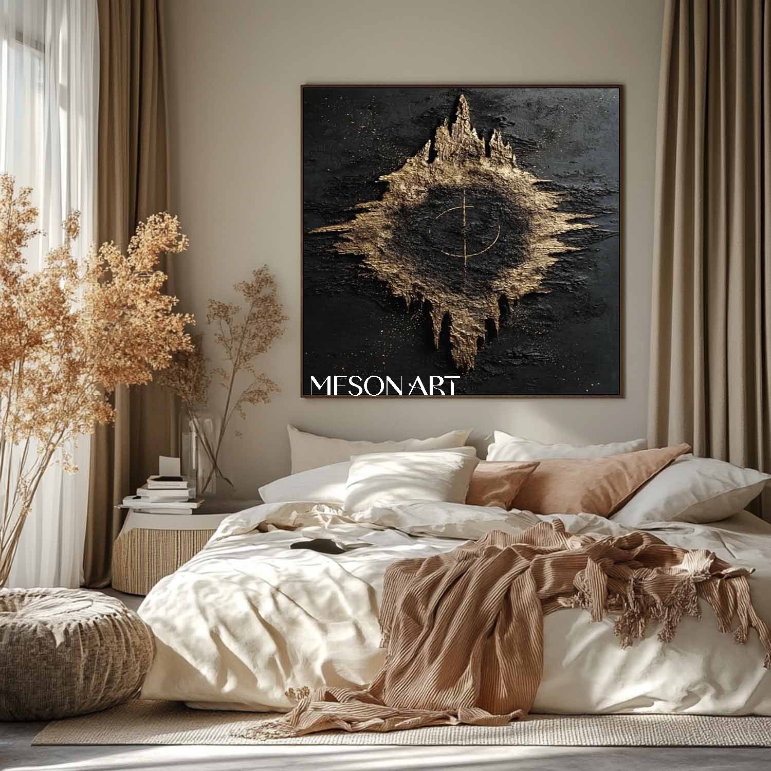Universe starry sky abstract art Black and gold texture painting Luxury wall decoration idea