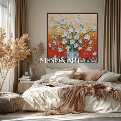 Hand-Painted Abstract Flower Painting on Canvas – Bedroom Wall Decor by Mesonart