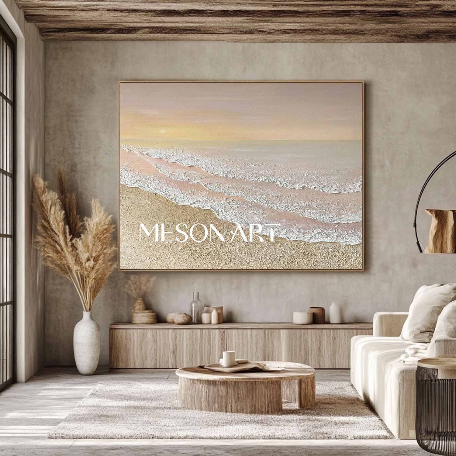 Large 3D Beige Sunrise Beach Ocean Waves Painting Sunrise Beach Canvas Wall Art Decor For Sale