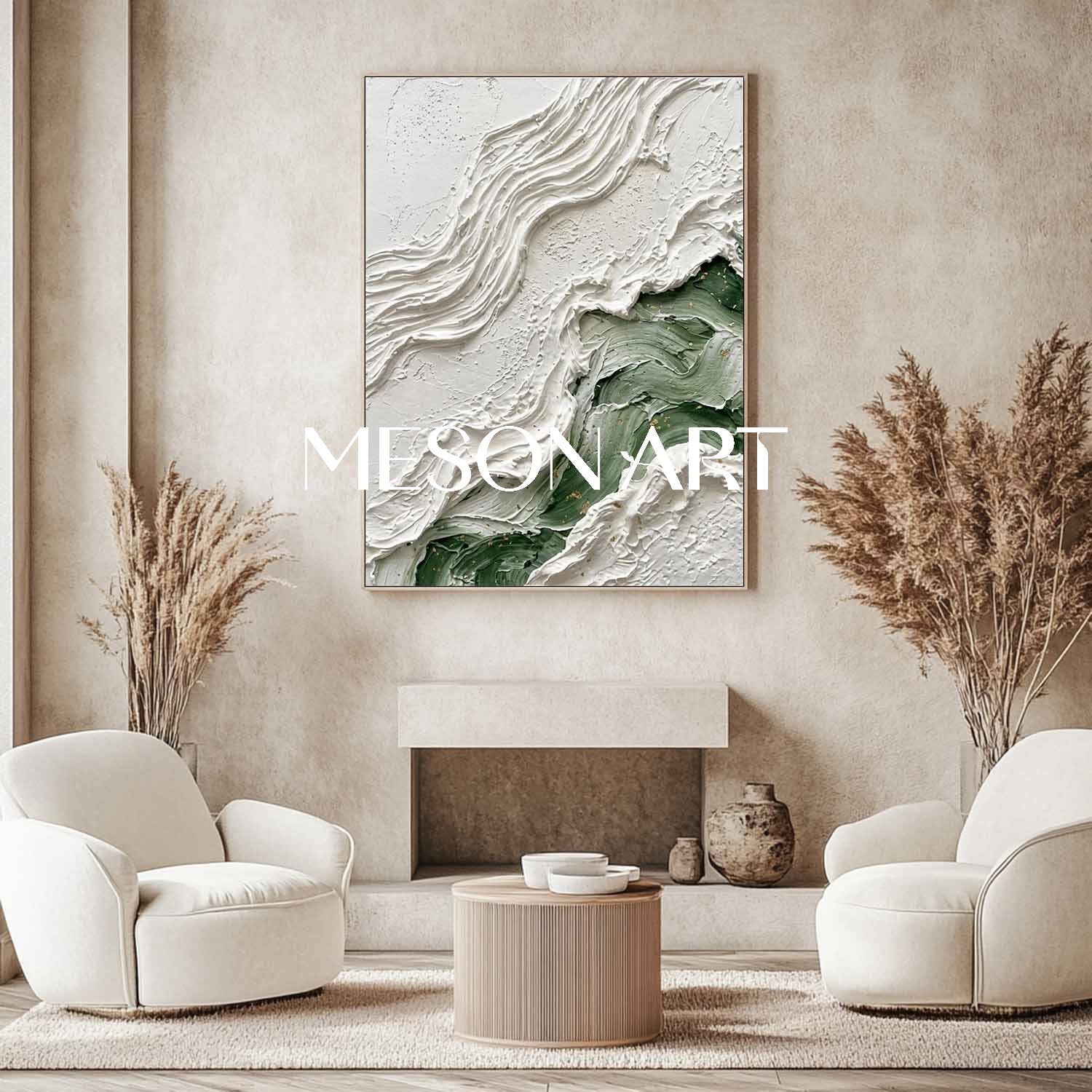 Sage Green And White Fluid Abstract Art Modern Coastal Textured Landscape