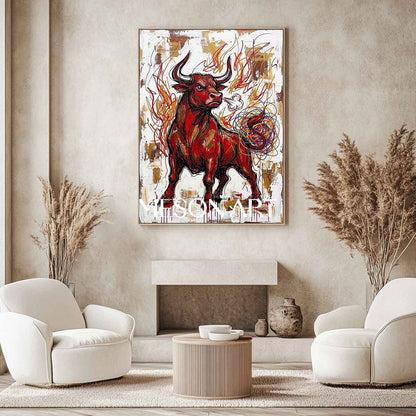 Angry Red Bull Heavily Textured Abstract Modern Oil Painting, Gold Framed Canvas Wall Art for Living Room and Office Decor.