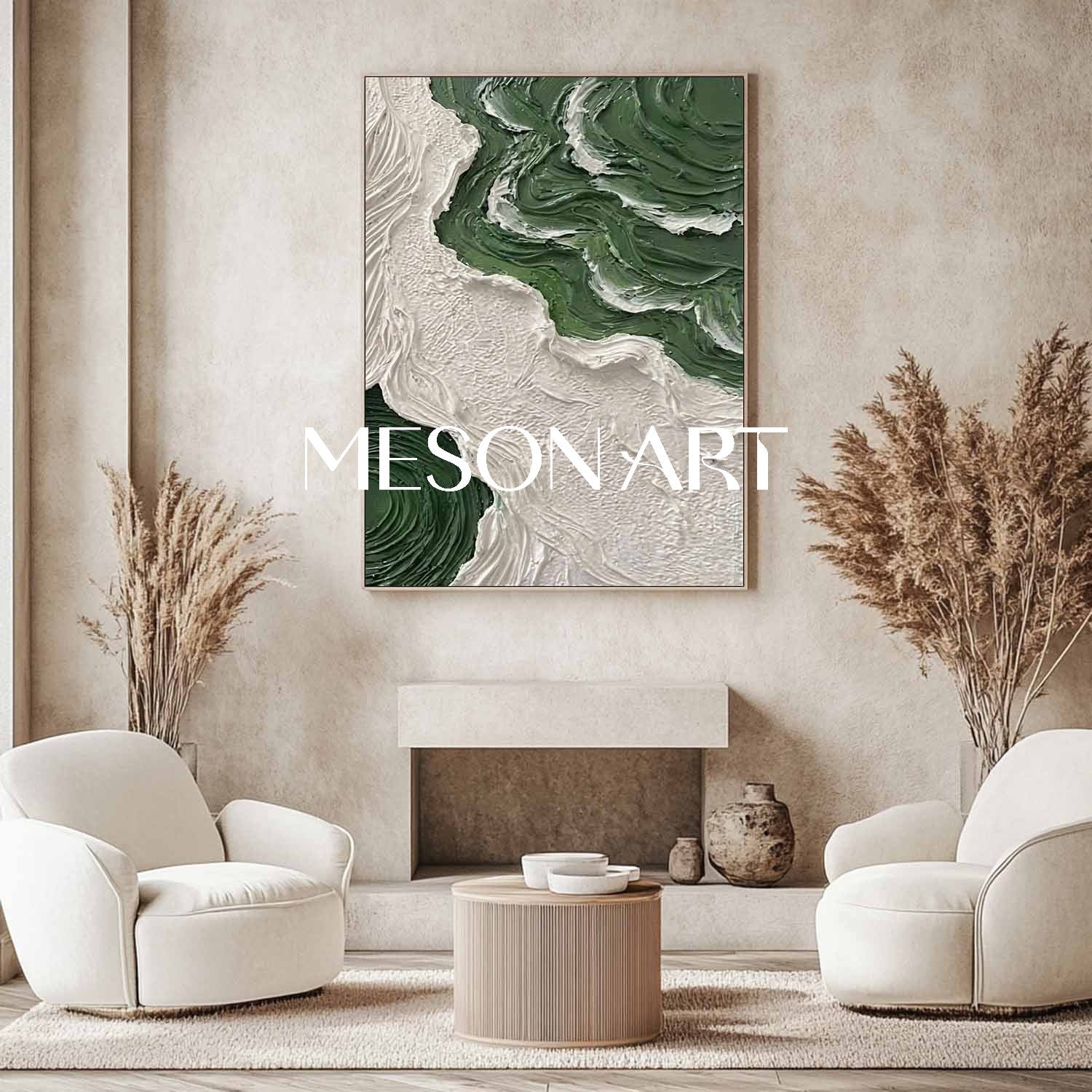 エメラルドグリーンとホワイトアート対角流体抽象絵画フォレスト