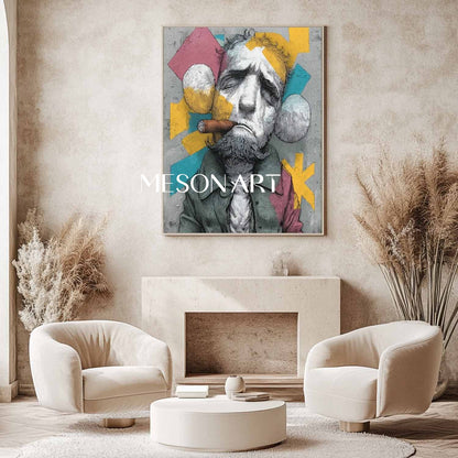 Large Man smoking cigar abstract portrait painting Cigar shop abstract canvas wall art decoration